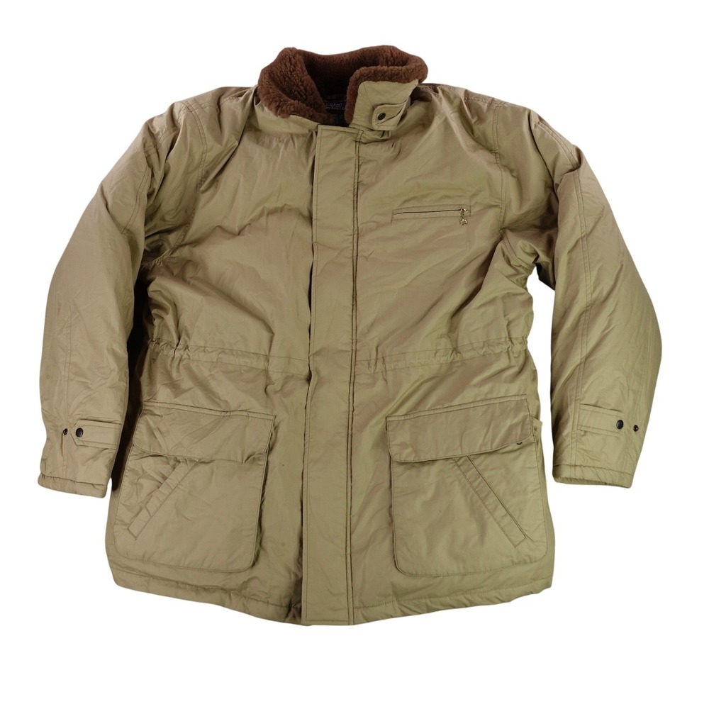 Polo Ralph Lauren Down Jacket XL Tan Mouton Fur Collar Plaid Lined Vintage Parka